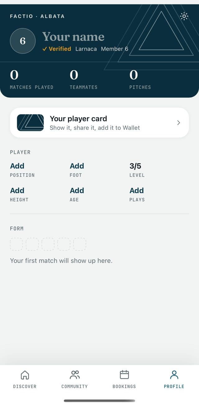 Play — Your record — matches, teammates, pitches.